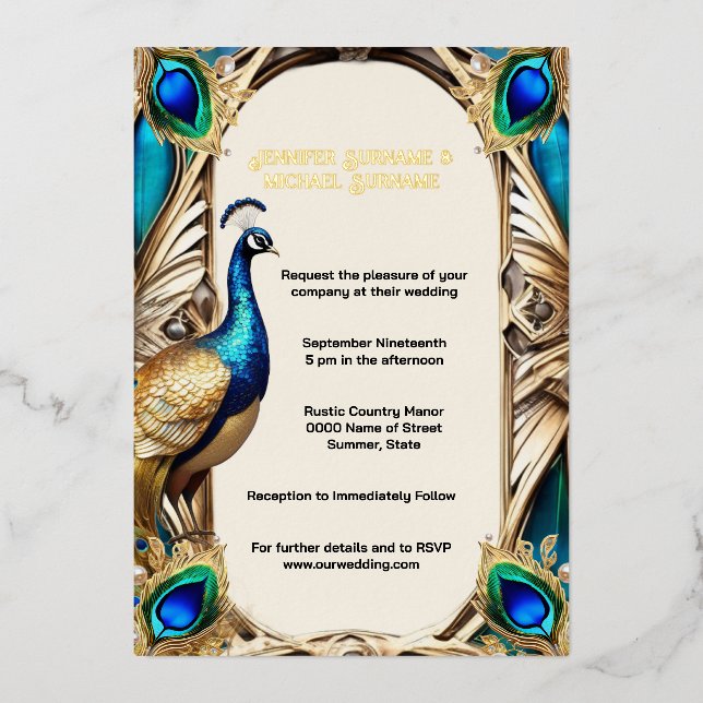 Invitación Con Relieve Metalizado Elegantes plumas de oro azul pavo real 3D (Anverso)