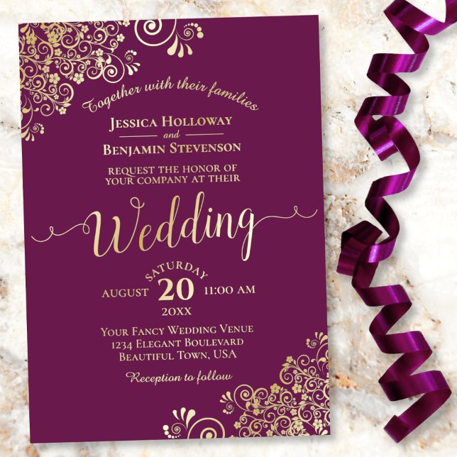 Invitación Con Relieve Metalizado Elegantes rieles de oro en Boda de ciruela magenta (Subido por el creador)