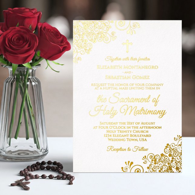 Invitación Con Relieve Metalizado Elegantes rizos dorados sobre Boda católico blanco (Subido por el creador)