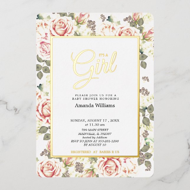 Invitación Con Relieve Metalizado Elegantes Rosas de época, Baby Shower Gold (Anverso)