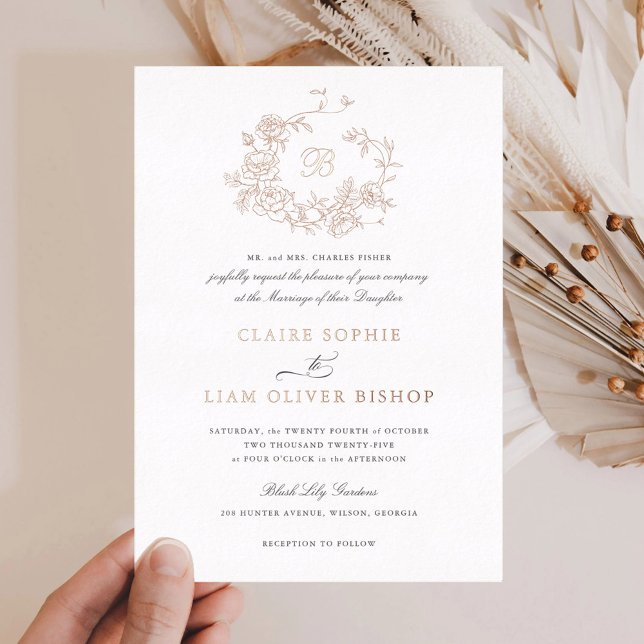 Invitación Con Relieve Metalizado Elegantes Rosas florales Wreath Boda Monograma Oro (Subido por el creador)