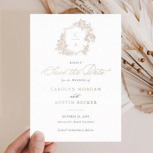 Invitación Con Relieve Metalizado Elegantes Rosas Francesas Cresta Floral Guardar Fe