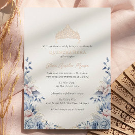 Invitación Con Relieve Metalizado Elegantes rosas Tiara Gold Blue Quinceañera