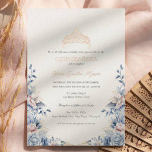 Invitación Con Relieve Metalizado Elegantes rosas Tiara Gold Blue Quinceañera