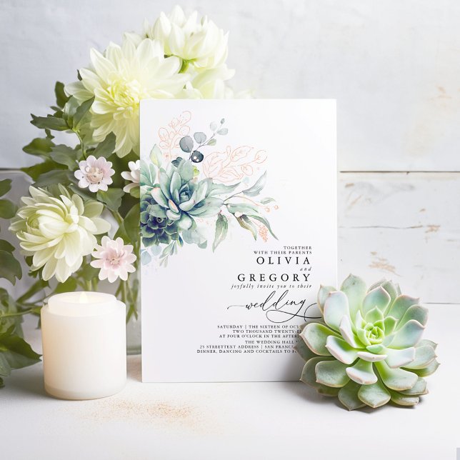 Invitación Con Relieve Metalizado Elegantes suculentos y Rosa Boda de la vegetación  (Succulents and Rose Gold Greenery Real Foil Wedding Invitations)