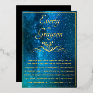 Invitación Con Relieve Metalizado Elegantes tonos azules malhumorados de boda de oro