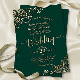 Invitación Con Relieve Metalizado Elegantes tonterías de oro en el Boda verde esmera