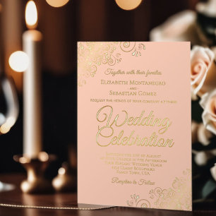 Invitación Con Relieve Metalizado Elegantes Volutas Florales de Oro en Boda Coral Me
