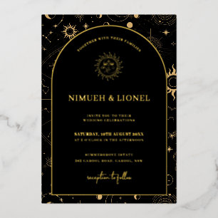 Invitación Con Relieve Metalizado Elementos místicos celestes Starsigns Boda Relieve