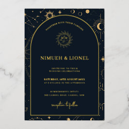 Invitación Con Relieve Metalizado Elementos místicos celestes Starsigns Boda Relieve