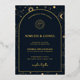 Invitación Con Relieve Metalizado Elementos místicos celestes Starsigns Boda Relieve