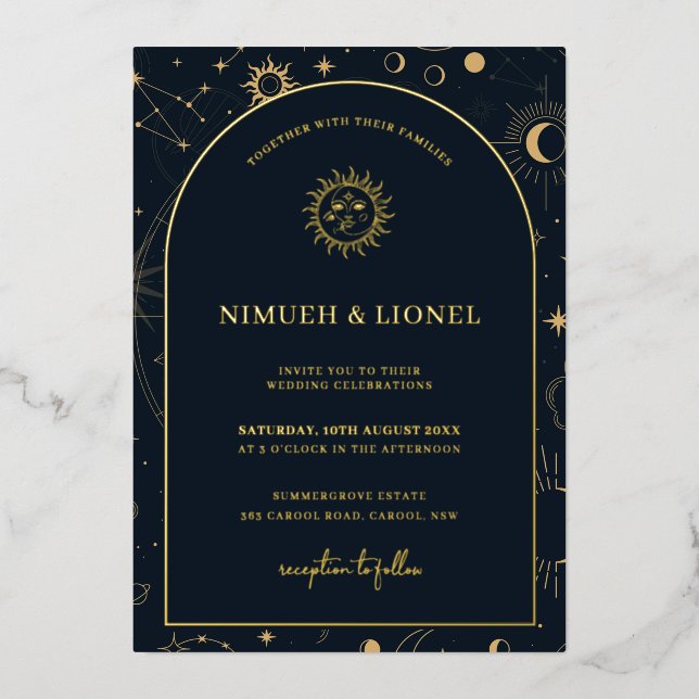 Invitación Con Relieve Metalizado Elementos místicos celestes Starsigns Boda Relieve (Anverso)