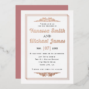 Invitación Con Relieve Metalizado Elementos vintage tipografía boda oro rosa foil
