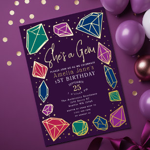 Invitación Con Relieve Metalizado Ella es una joya Cumpleaños de niño de cristales P