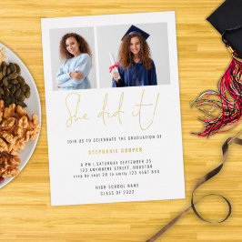 Invitación Con Relieve Metalizado Ella Lo Hizo Graduación 2022 2 Fotos Oro Real
