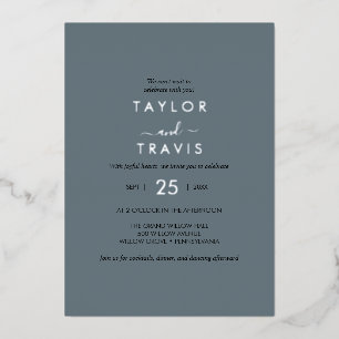 Invitación Con Relieve Metalizado EMELIA Azul Oscuro y Hoja de Plata   Simple Boda B