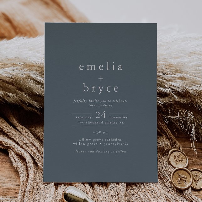 Invitación Con Relieve Metalizado EMELIA Relieve metalizado plateado azul oscuro Bod (EMELIA Dark Blue Silver Foil Simple Boho Wedding Foil Invitation)