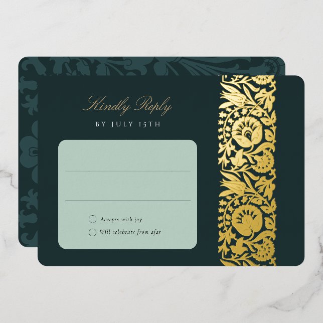 Invitación Con Relieve Metalizado Emerald Floral RSVP Card (Anverso/Reverso)