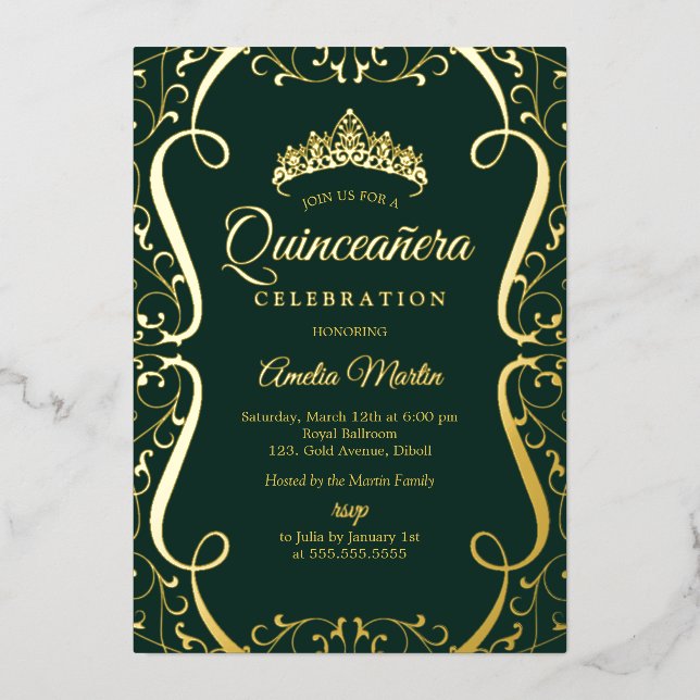Invitación Con Relieve Metalizado Emerald Gold Swirl Elegant Quinceanera  (Anverso)