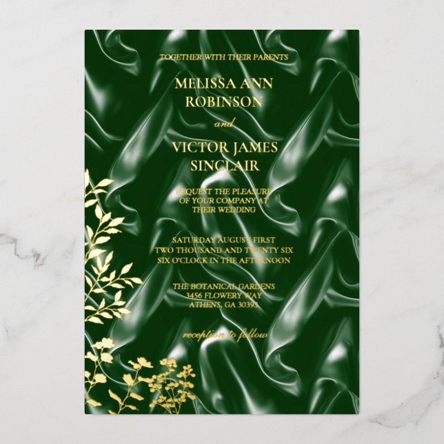 Invitación Con Relieve Metalizado Emerald Green Silk leaf  (Anverso)
