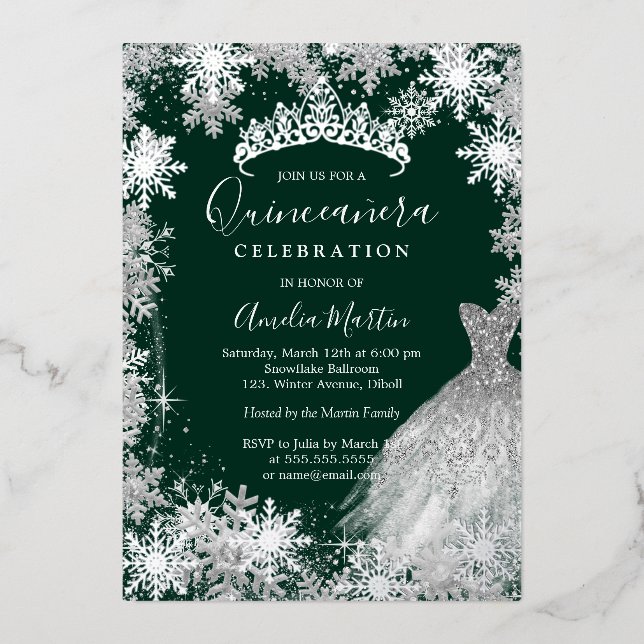 Invitación Con Relieve Metalizado Emerald Green Snowflake Winter Quinceanera  (Anverso)