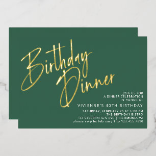 Invitación Con Relieve Metalizado Emeraldita Verde y Dorado Cena de Cumpleaños Simpl