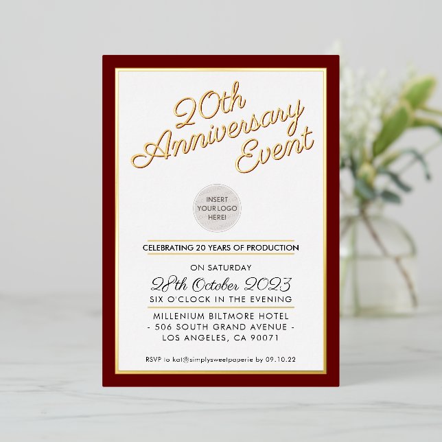 Invitación Con Relieve Metalizado EMPRESA ANIVERSARIO FIESTA logotipo moderno oro ma (Anverso de pie)
