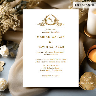 Invitación Con Relieve Metalizado En español Boda Monograma con Hoja de Oro Real