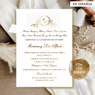 Invitación Con Relieve Metalizado En español Elegante Formal Boda con Hoja de Oro Re