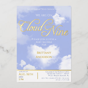 Invitación Con Relieve Metalizado En la nube nueve elegante escritura baby shower do