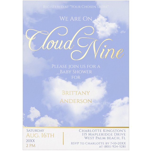 Invitación Con Relieve Metalizado En Nueve Elegantes Guiones Baby Shower Gold (On Cloud Nine Elegant Script Baby Shower Gold Foil Invitation)