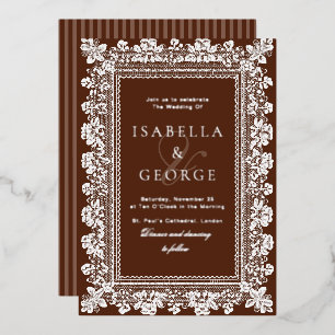 Invitación Con Relieve Metalizado Encaje Antiguo Dinero Viejo Bodas Marrón Chocolate