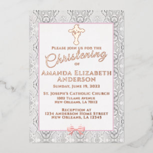 Invitación Con Relieve Metalizado Encaje Falso Rosa Bautizo