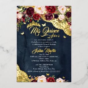 Invitación Con Relieve Metalizado Encaje Floral Azul Marino Borgoña Mariposa Quincea