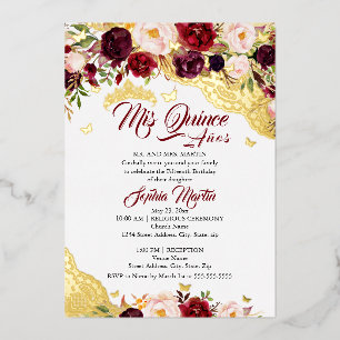Invitación Con Relieve Metalizado Encaje Floral Borgoña Mariposa Dorada Quinceañera