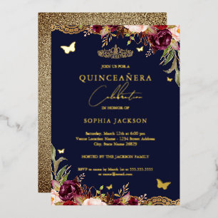 Invitación Con Relieve Metalizado Encaje Floral Burgundy Navy Quinceanera Cumpleaños