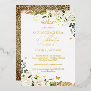 Invitación Con Relieve Metalizado Encaje Floral Dorado Quinceañera Cumpleaños 15 