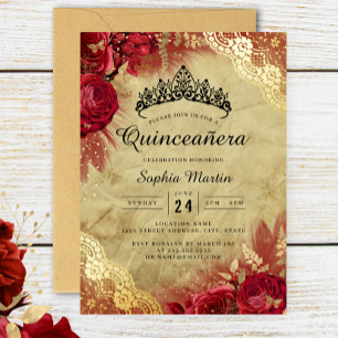Invitación Con Relieve Metalizado Encaje Floral Dorado Rojo Quinceañera