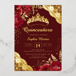 Invitación Con Relieve Metalizado Encaje Floral Rojo Quinceañera