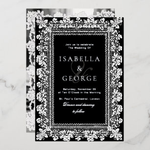 Invitación Con Relieve Metalizado Encaje Vintage Dinero Antiguo Boda en Blanco y Neg