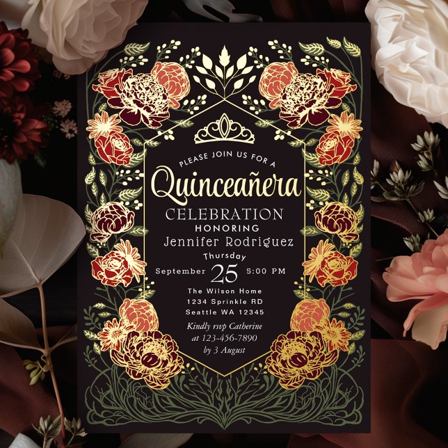 Invitación Con Relieve Metalizado Encantado Rojo y Negro Floral Jardín Quinceanera (Subido por el creador)