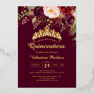 Invitación Con Relieve Metalizado Encantador Borgoña Floral Quinceanera