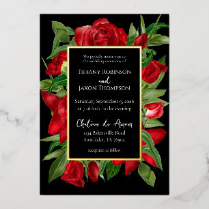Invitación Con Relieve Metalizado Encantador Bouquet Floral Rojo Real
