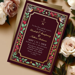 Invitación Con Relieve Metalizado Encantador Rojo Boda Jardín Botánico Floral