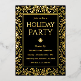 Invitación Con Relieve Metalizado Encuentro Navideño Minimalista Negro y Dorado