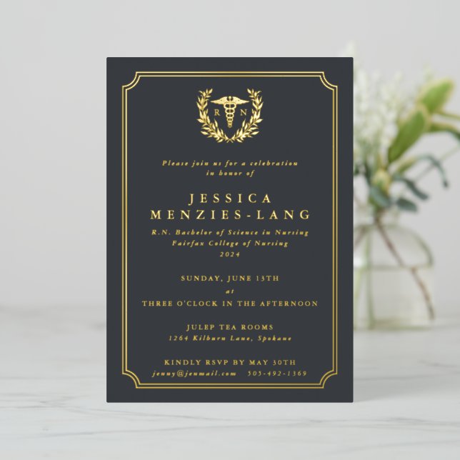 Invitación Con Relieve Metalizado Enfermera Caduceus+Laurel con Registro Gris (Anverso de pie)