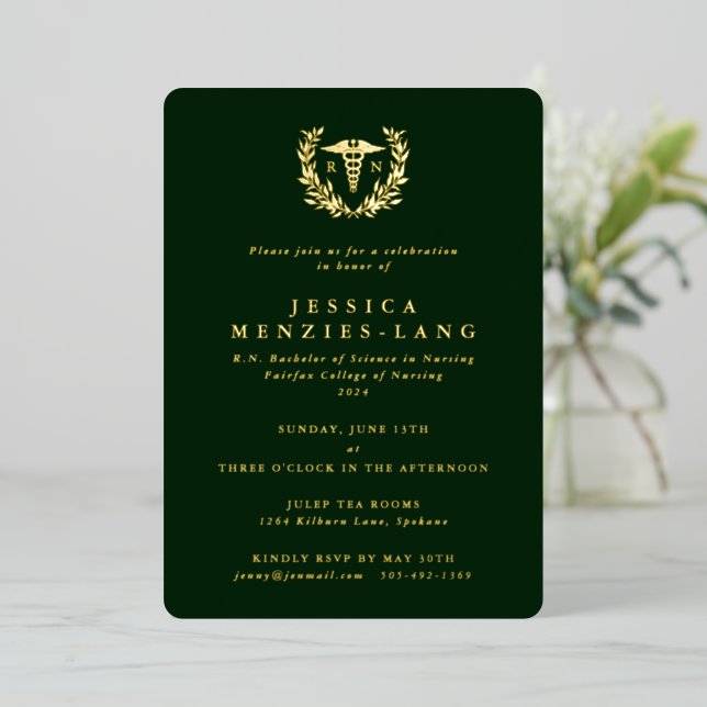 Invitación Con Relieve Metalizado Enfermera Caduceus+Laurel con Registro Verde (Anverso de pie)
