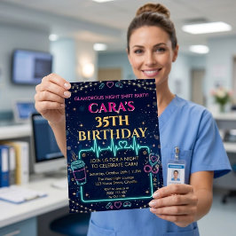 Invitación Con Relieve Metalizado Enfermera Glamurosa del Turno Nocturno Cumpleaños 