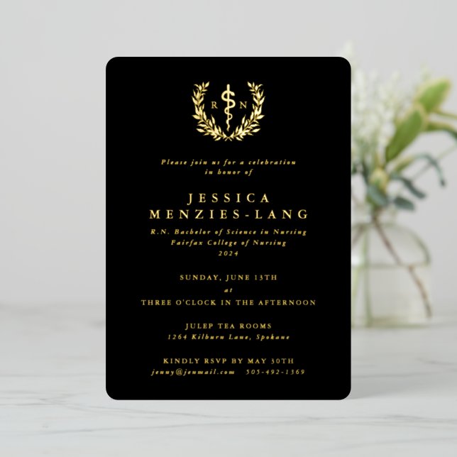 Invitación Con Relieve Metalizado Enfermera negra registrada Asclepius+Laurel Wreath (Anverso de pie)