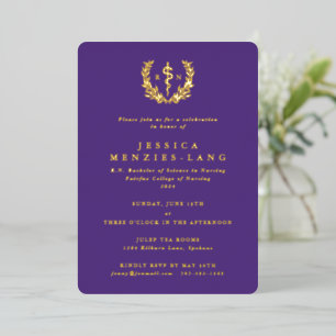 Invitación Con Relieve Metalizado Enfermera Purple Registrada Asclepius+Laurel Wreat